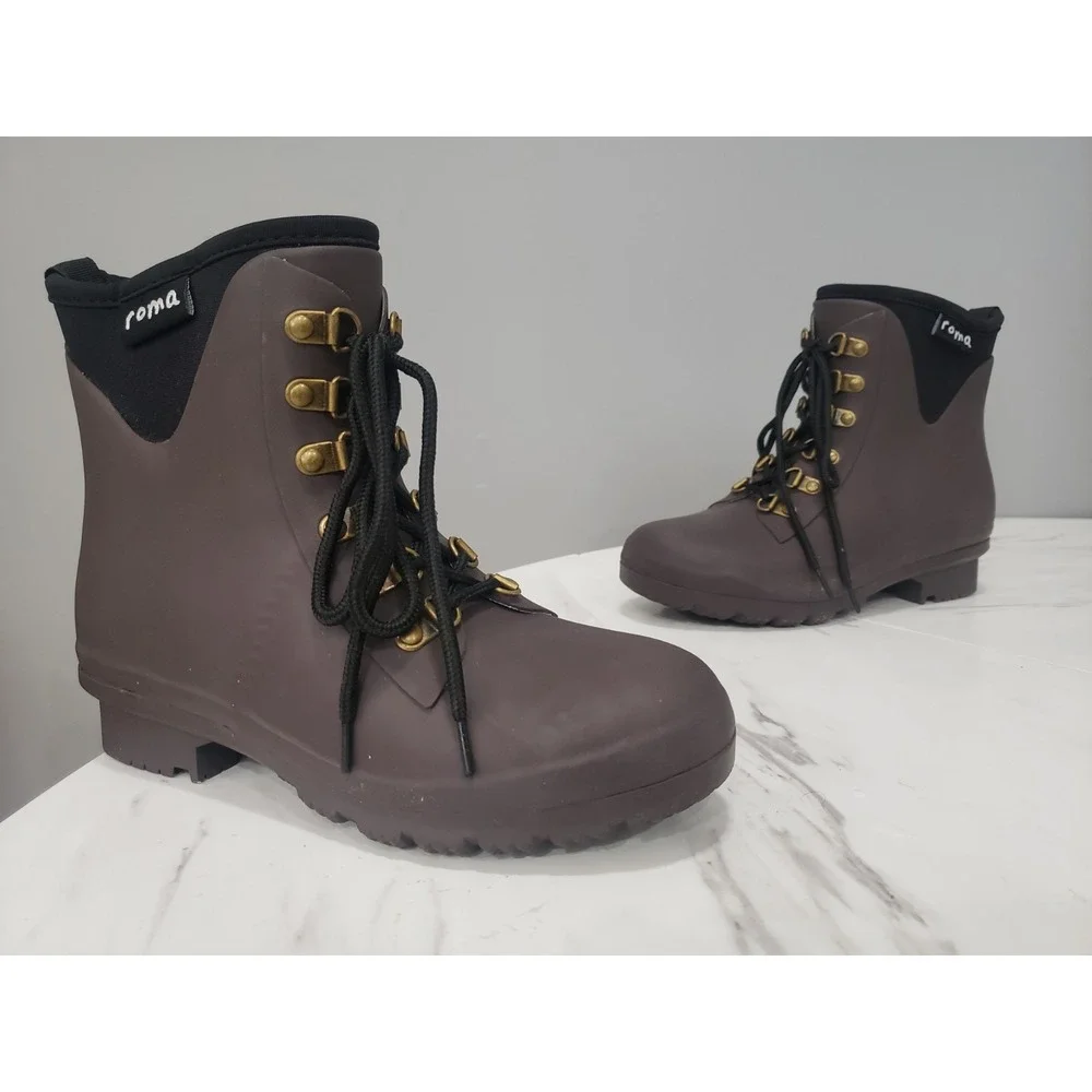 NEW NO BOX SIZE 5 Roma Women's Rain Boots Evol Matte BROWN SLIP ON GARDEN ANKLE
